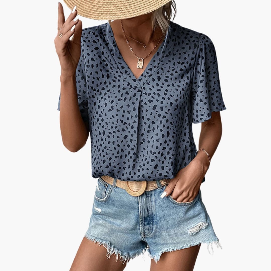 Women's Leopard V-Neck T-Shirt Elbow Sleeves