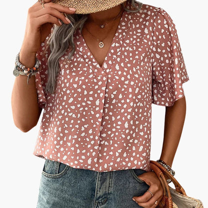 Women's Leopard V-Neck T-Shirt Elbow Sleeves