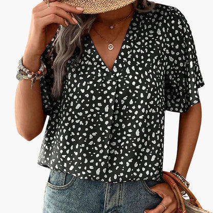 Women's Leopard V-Neck T-Shirt Elbow Sleeves