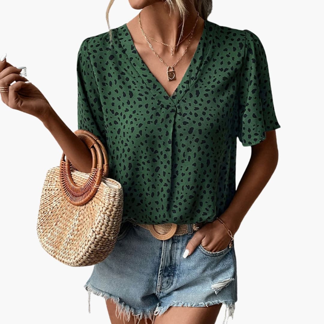 Women's Leopard V-Neck T-Shirt Elbow Sleeves
