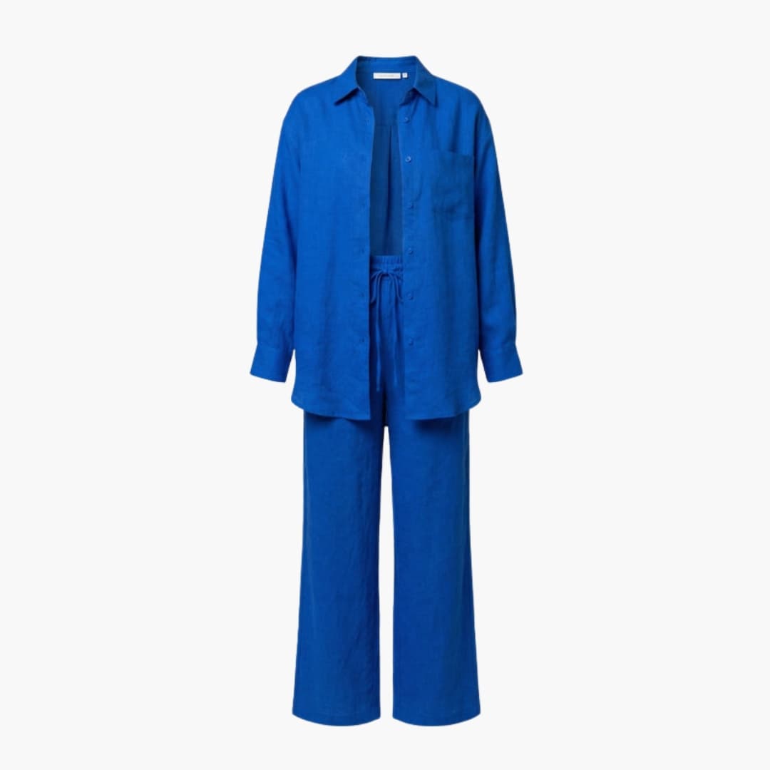 Women's Linen Button-Down Shirt And Pants Set - VibreMode