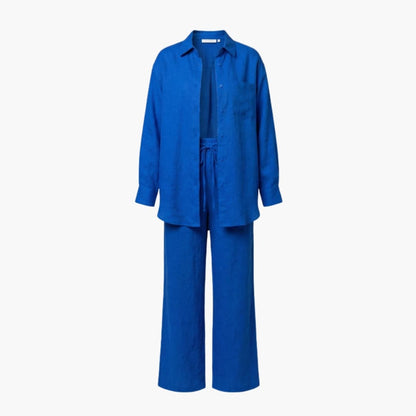 Women's Linen Button-Down Shirt And Pants Set - VibreMode