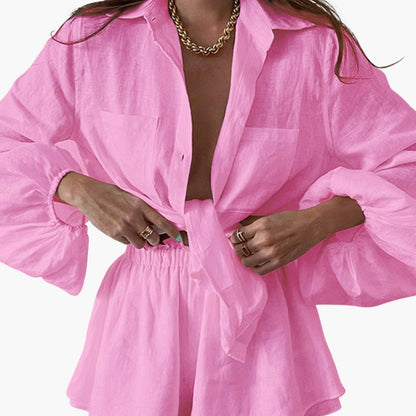 Women's Linen Two Piece Crop Shorts Set