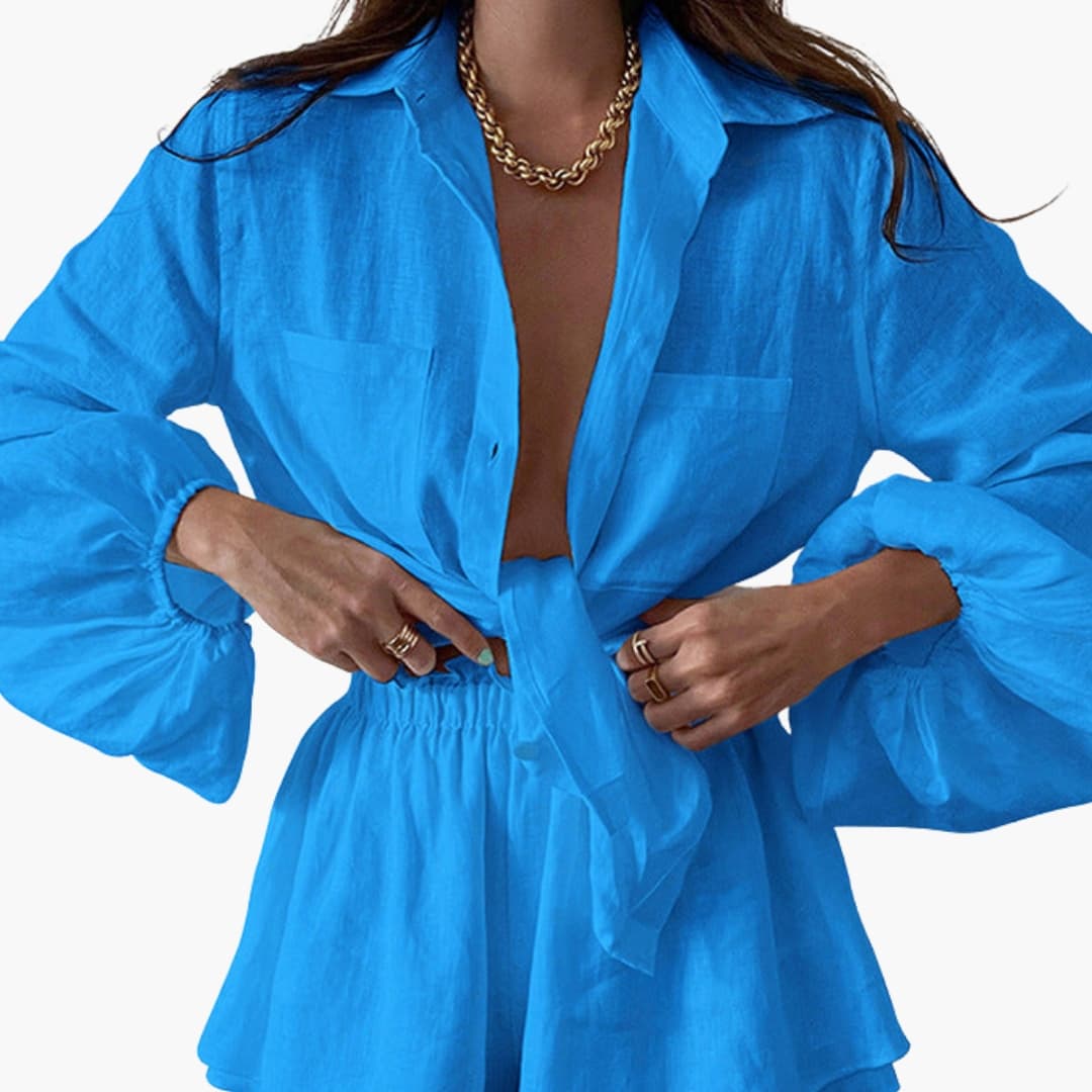 Women's Linen Two Piece Crop Shorts Set - VibreMode