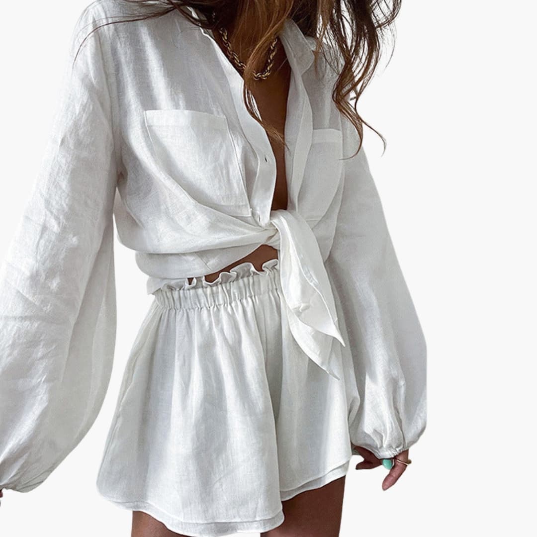 Women's Linen Two Piece Crop Shorts Set