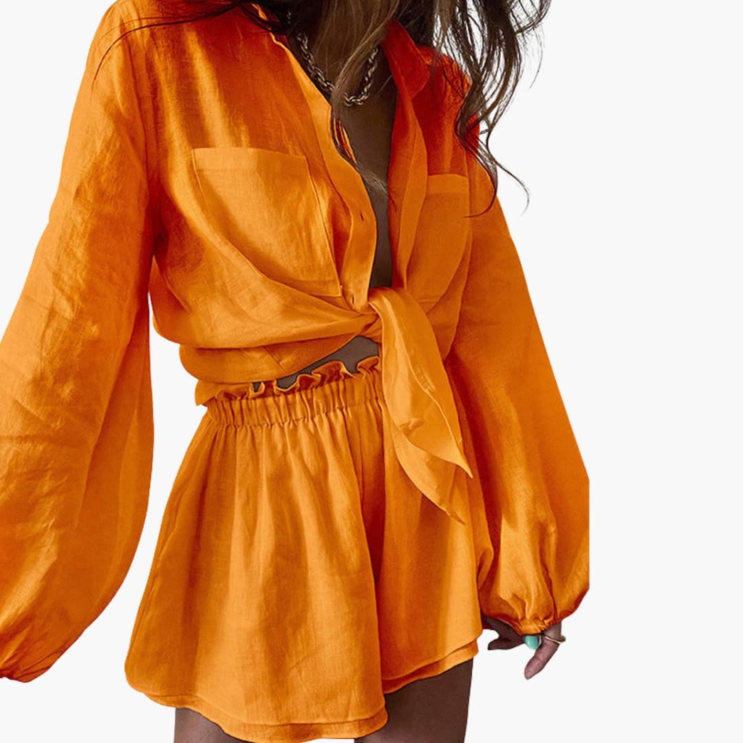 Women's Linen Two Piece Crop Shorts Set