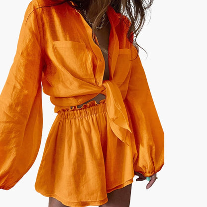 Women's Linen Two Piece Crop Shorts Set