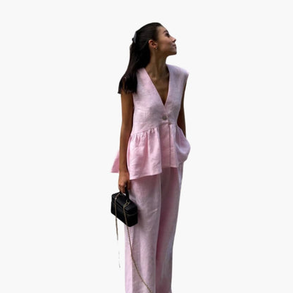Women's Linen Two-Piece Deep V-Neck And Wide Leg Pants Set