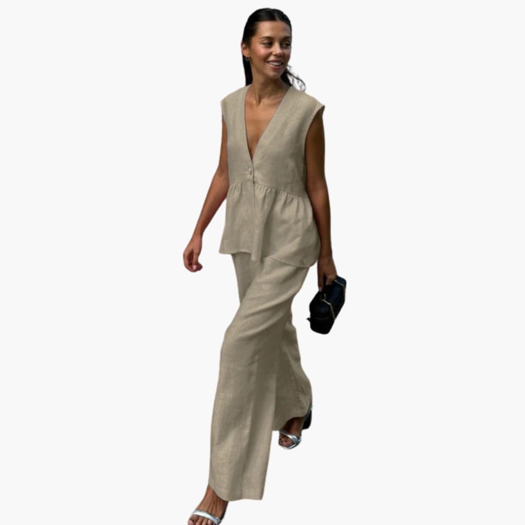 Women's Linen Two-Piece Deep V-Neck And Wide Leg Pants Set