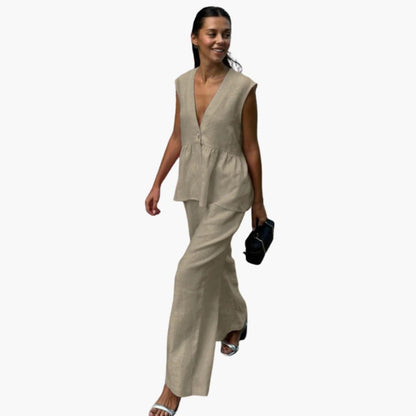 Women's Linen Two-Piece Deep V-Neck And Wide Leg Pants Set