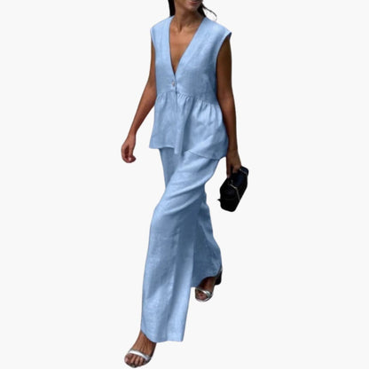 Women's Linen Two-Piece Deep V-Neck And Wide Leg Pants Set - VibreMode
