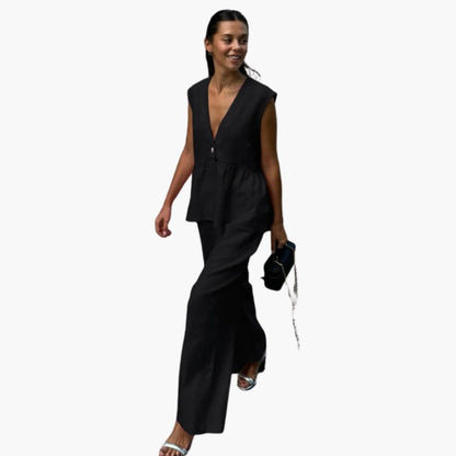 Women's Linen Two-Piece Deep V-Neck And Wide Leg Pants Set