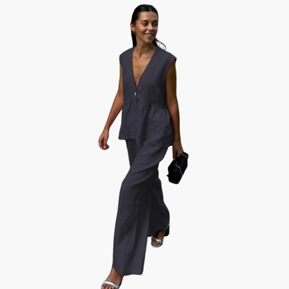 Women's Linen Two-Piece Deep V-Neck And Wide Leg Pants Set