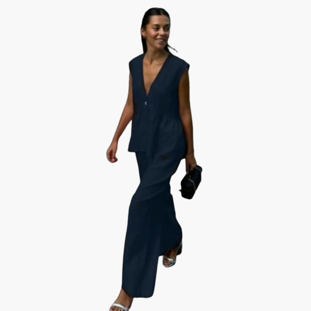 Women's Linen Two-Piece Deep V-Neck And Wide Leg Pants Set