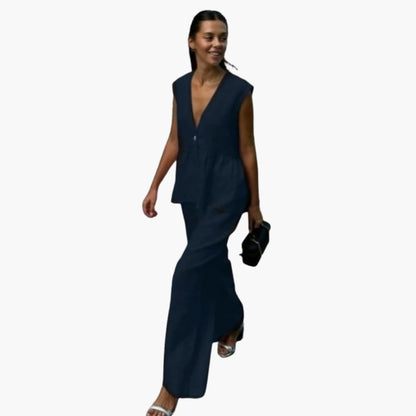 Women's Linen Two-Piece Deep V-Neck And Wide Leg Pants Set