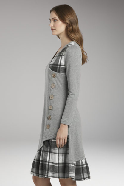 Women's Plaid A-Line Dress Long Sleeve High Collar