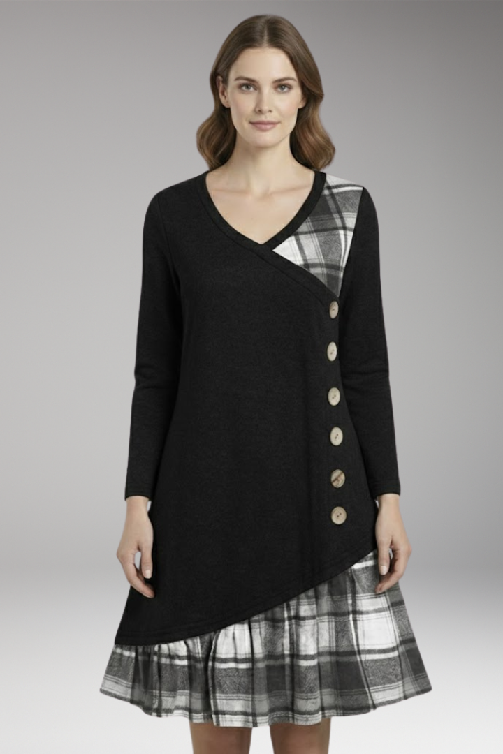 Women's Plaid A-Line Dress Long Sleeve High Collar