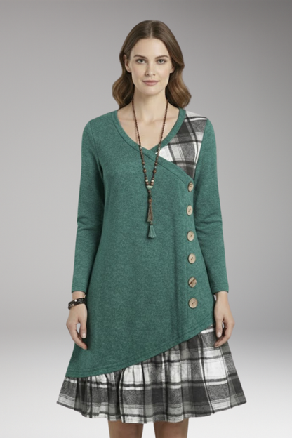 Women's Plaid A-Line Dress Long Sleeve High Collar