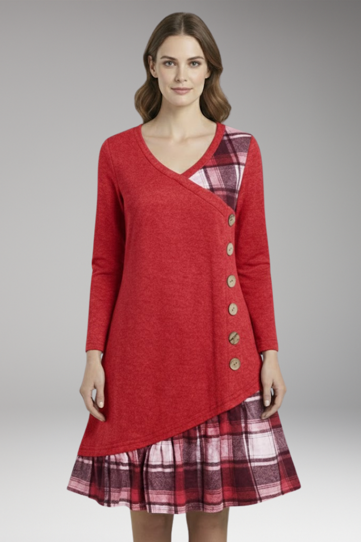 Women's Plaid A-Line Dress Long Sleeve High Collar