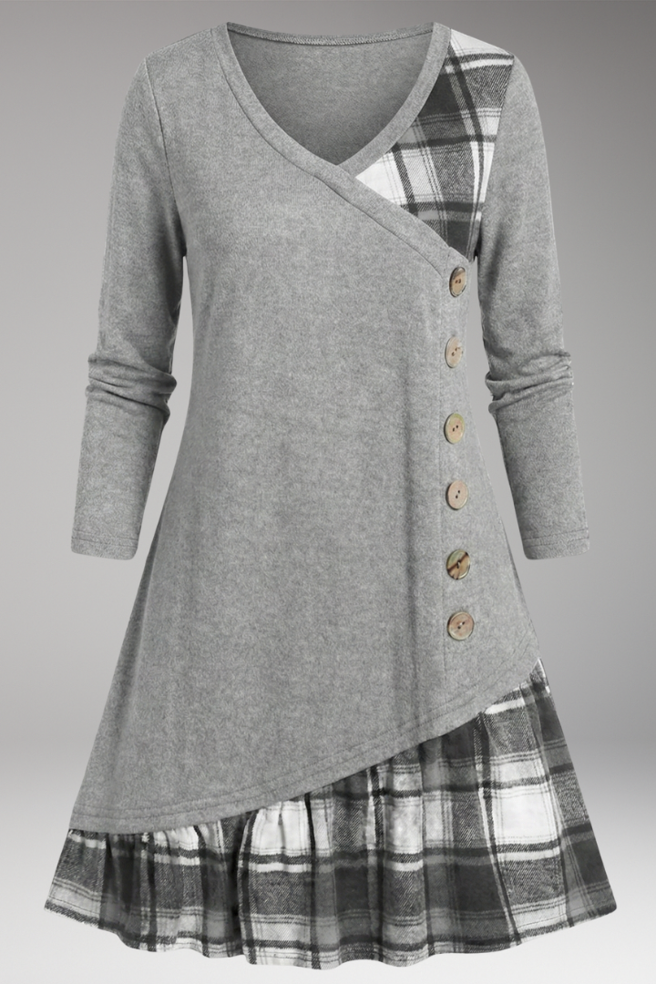 Women's Plaid A-Line Dress Long Sleeve High Collar - VibreMode