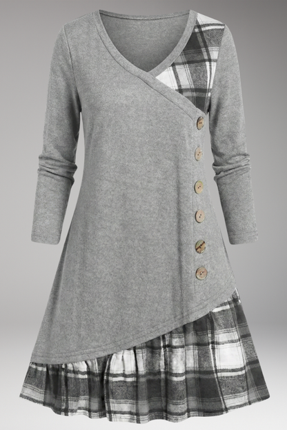 Women's Plaid A-Line Dress Long Sleeve High Collar - VibreMode