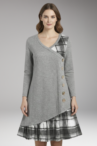 Women's Plaid A-Line Dress Long Sleeve High Collar