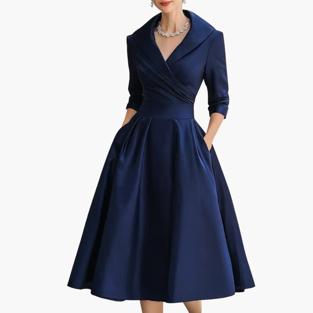 Women's Long Sleeve Midi Dress Fitted Waist Mid Calf - VibreMode