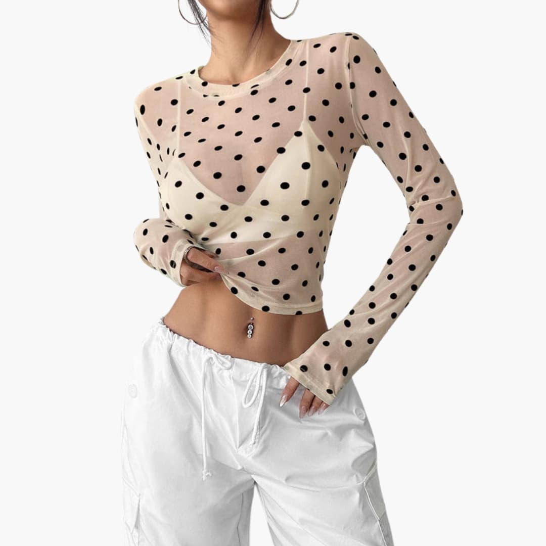 Women's Long Sleeve Polka Dot Blouse Round Neck - VibreMode