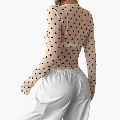 Women's Long Sleeve Polka Dot Blouse Round Neck