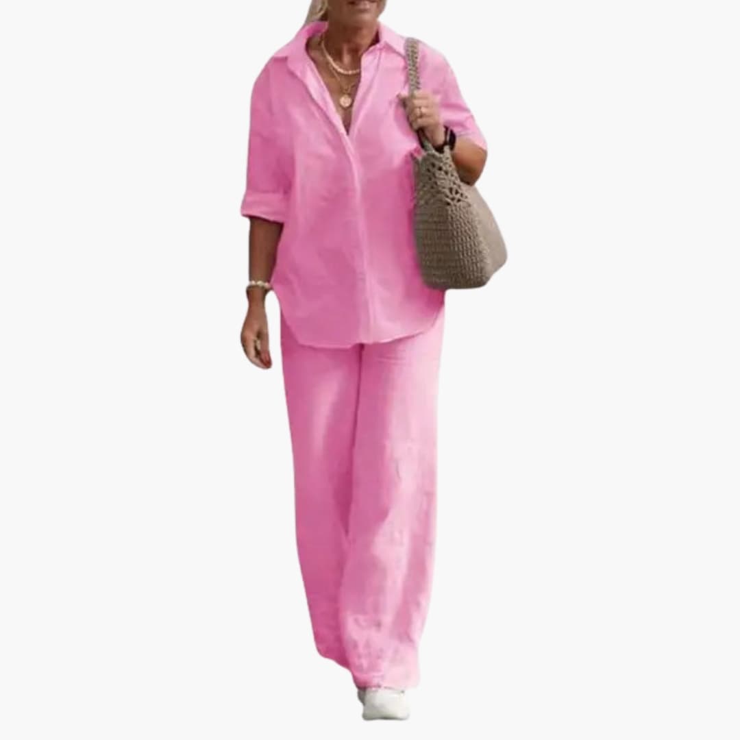Women's Long Sleeve Two Piece Outfit Round Neck Straight Leg Pants