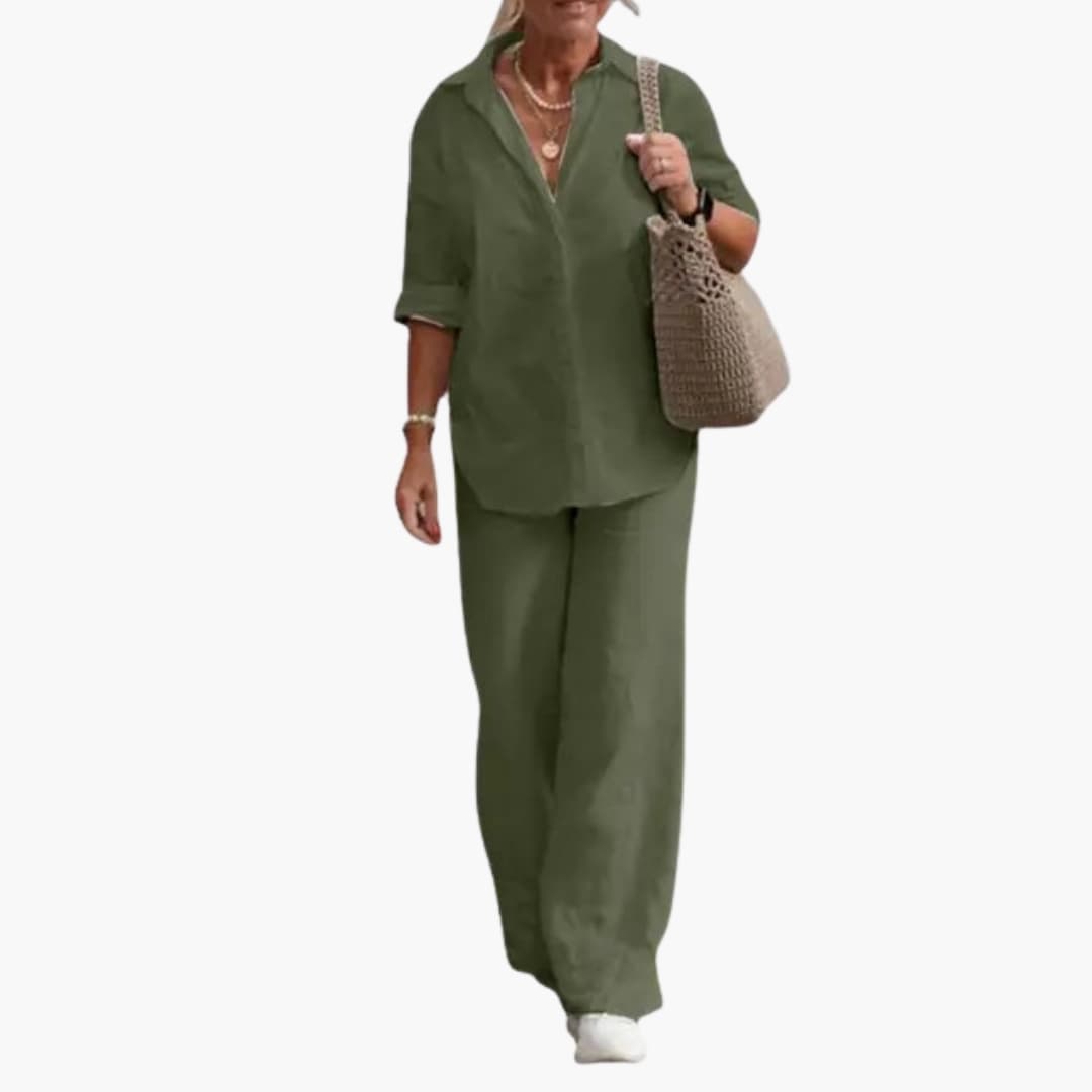 Women's Long Sleeve Two Piece Outfit Round Neck Straight Leg Pants