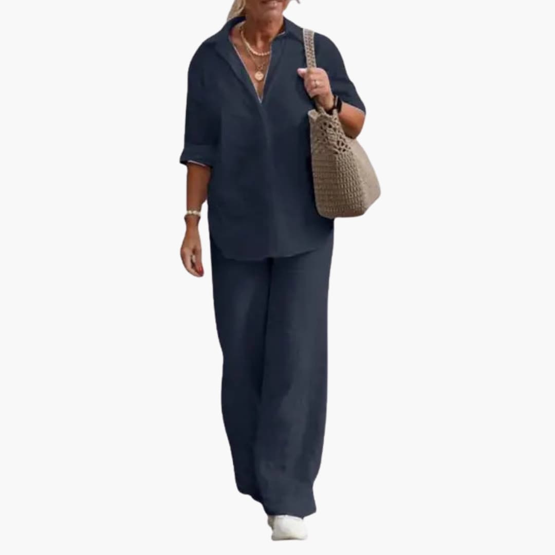 Women's Long Sleeve Two Piece Outfit Round Neck Straight Leg Pants