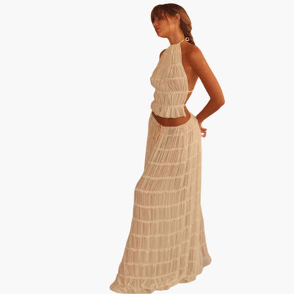 Women's Maxi Dress Adjustable Ruffle Trim - VibreMode