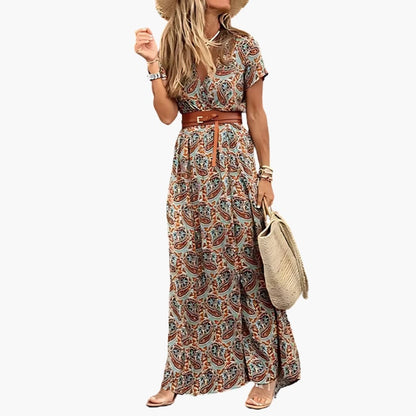 Women's Short Sleeve Maxi Dress Belted Gathered Waist