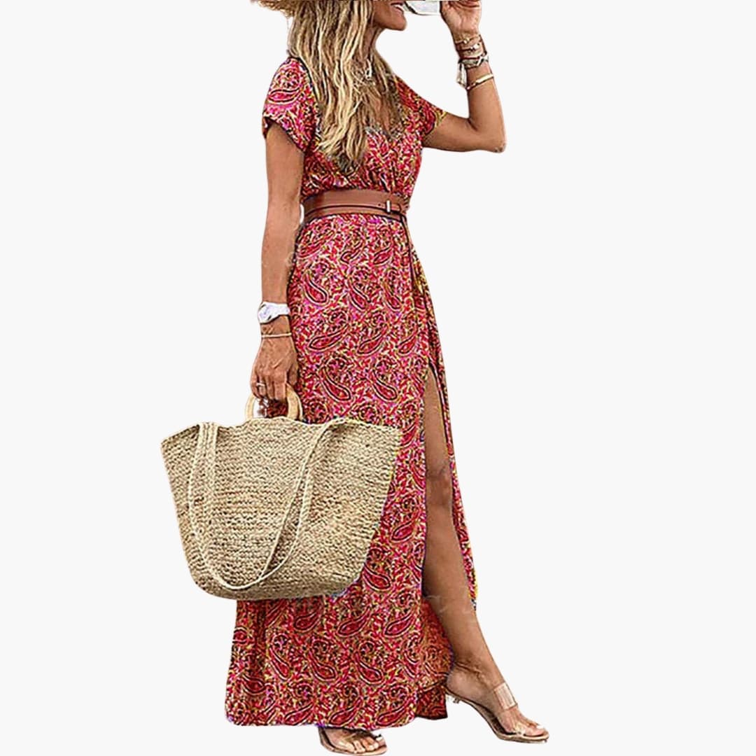 Women's Short Sleeve Maxi Dress Belted Gathered Waist