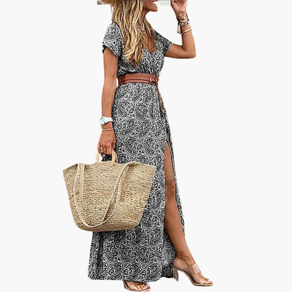 Women's Short Sleeve Maxi Dress Belted Gathered Waist