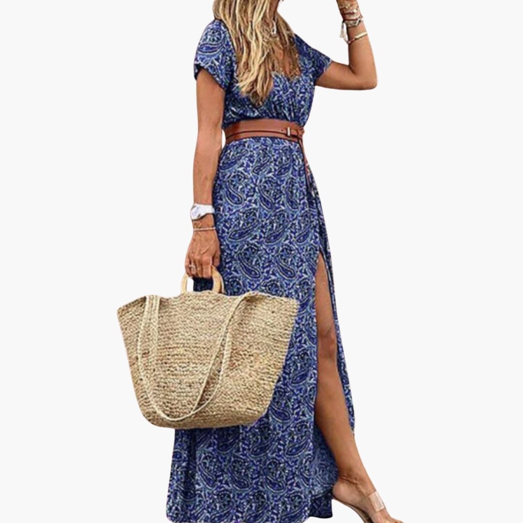 Women's Short Sleeve Maxi Dress Belted Gathered Waist