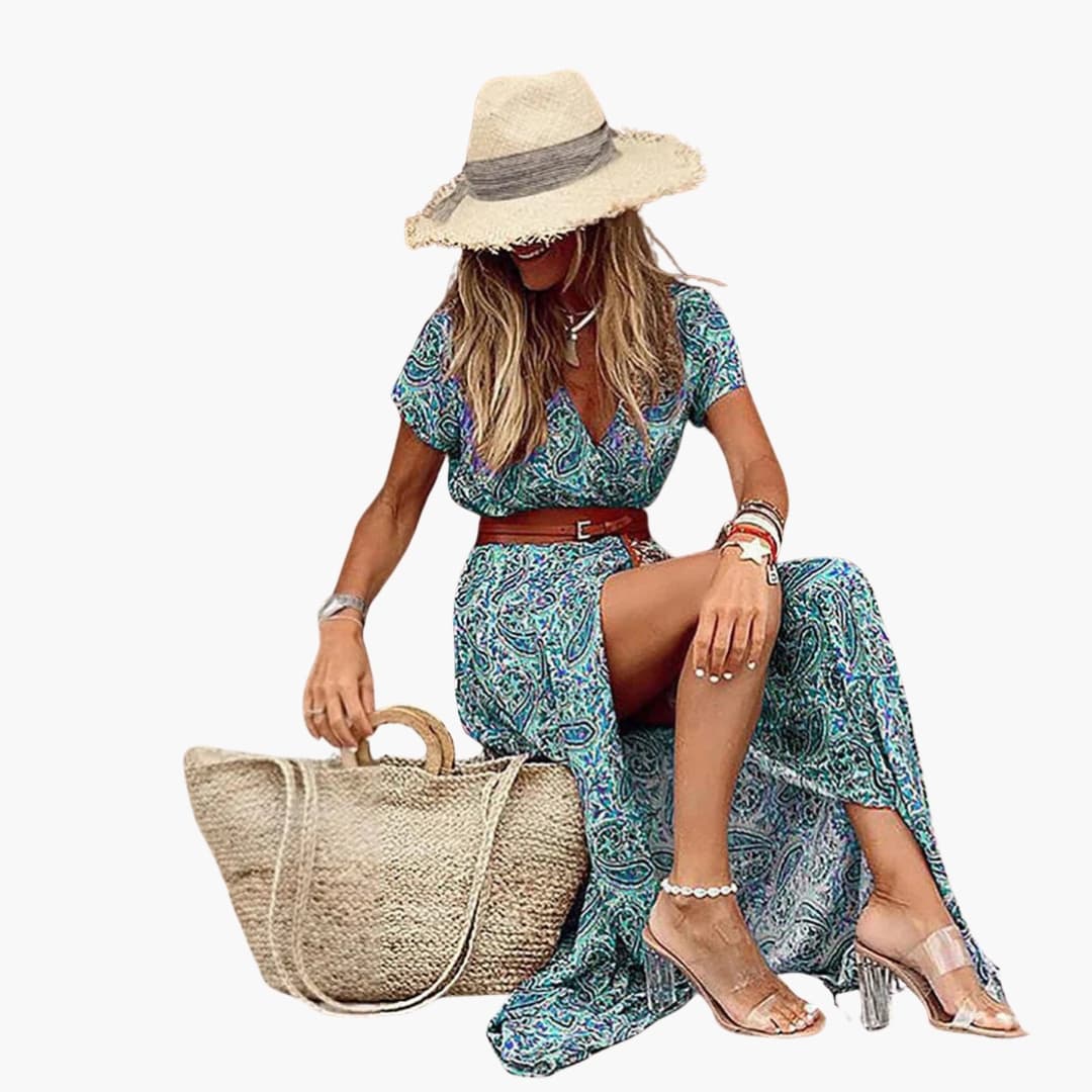 Women's Short Sleeve Maxi Dress Belted Gathered Waist
