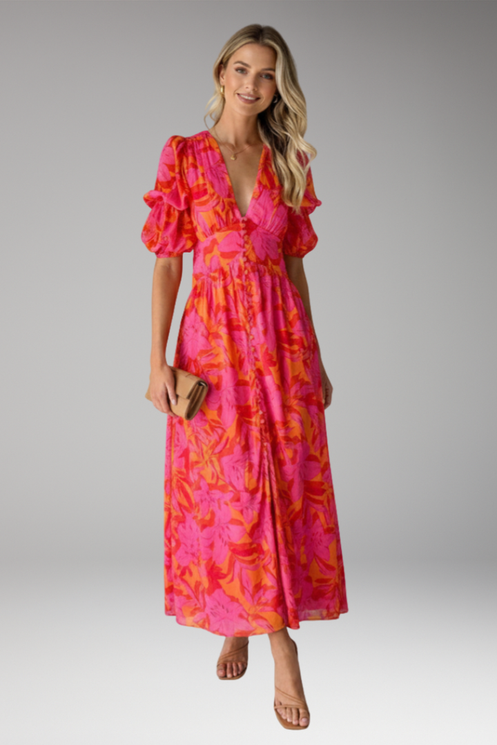 Women's V Neck Maxi Dress Puff Sleeves