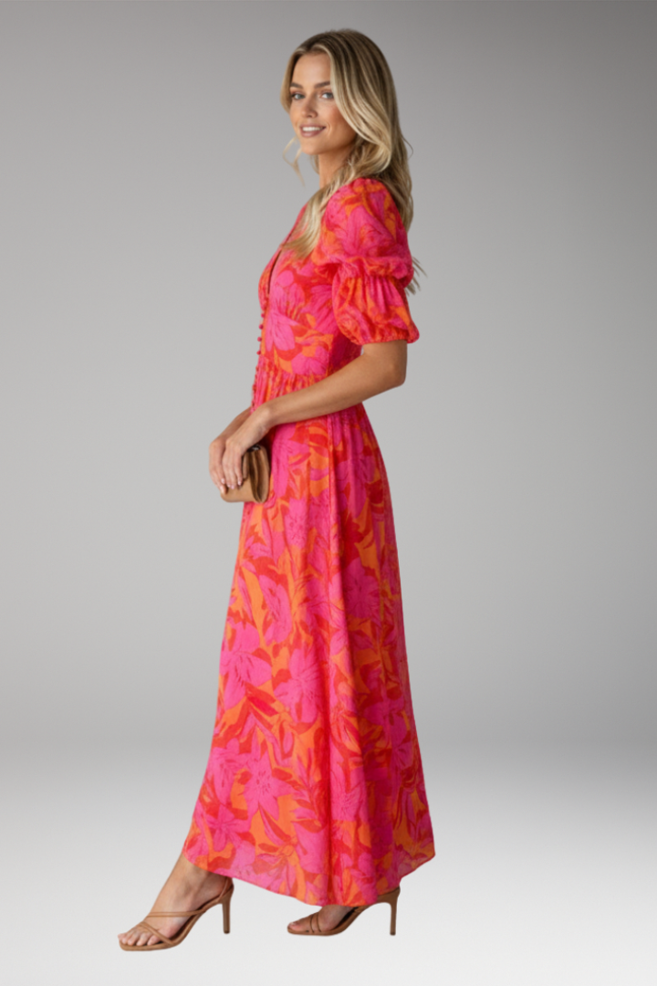 Women's V Neck Maxi Dress Puff Sleeves