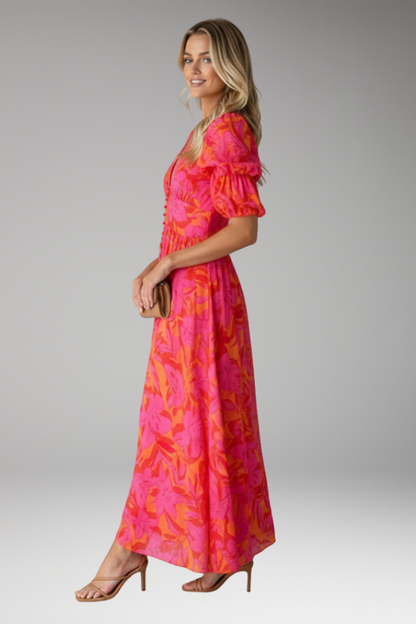 Women's V Neck Maxi Dress Puff Sleeves