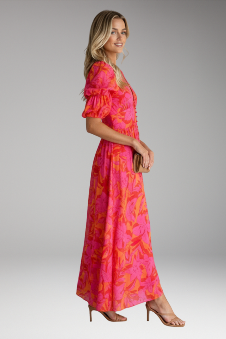 Women's V Neck Maxi Dress Puff Sleeves