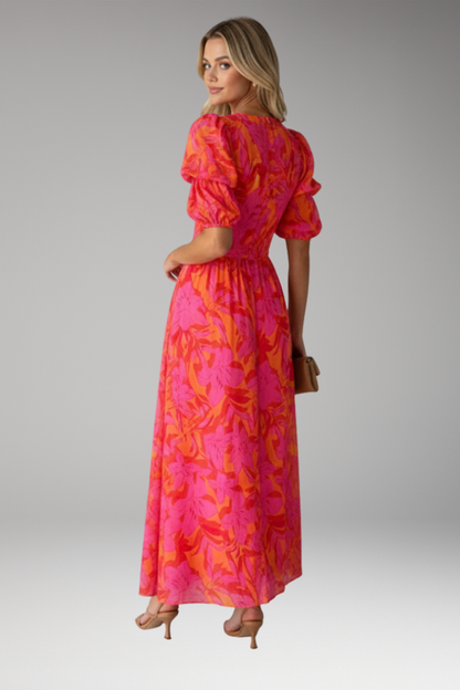 Women's V Neck Maxi Dress Puff Sleeves