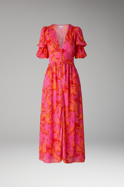 Women's V Neck Maxi Dress Puff Sleeves - VibreMode