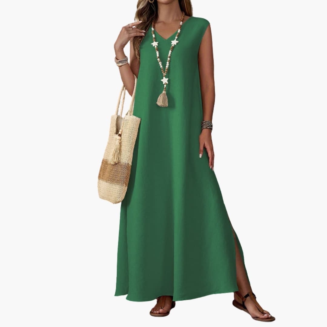 Women's V Neck Maxi Dress Side Slit - VibreMode