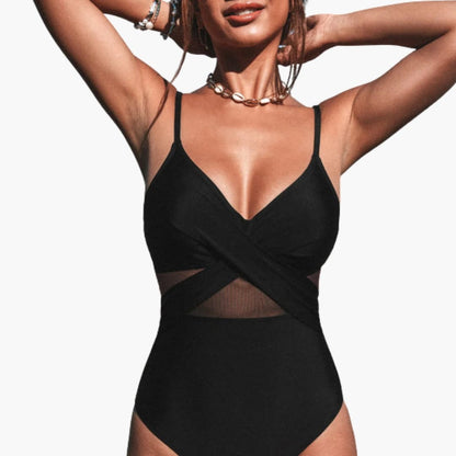 Women's One-Piece Swimsuit Mesh Insert Adjustable Strap Low Back