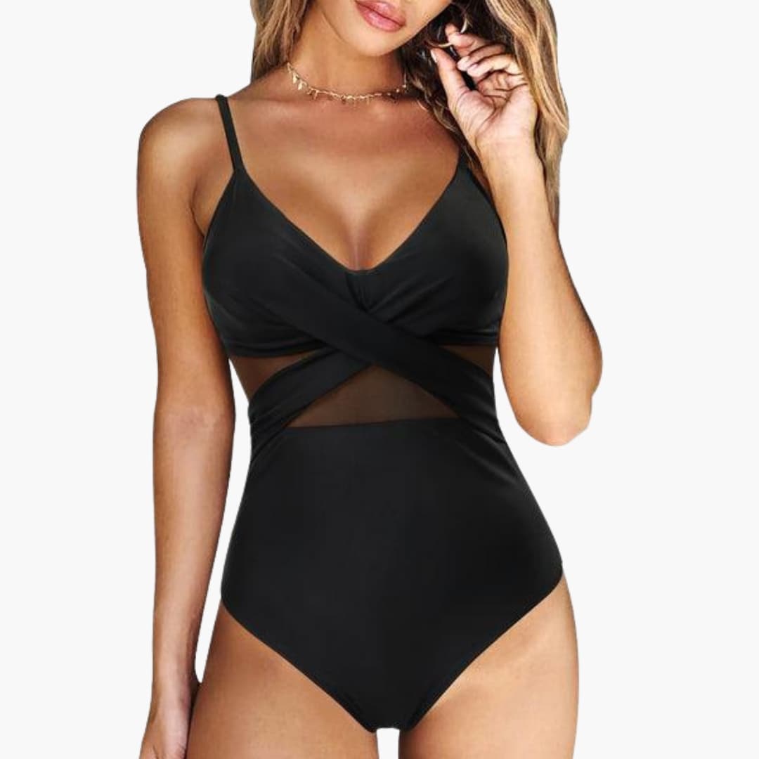 Women's One-Piece Swimsuit Mesh Insert Adjustable Strap Low Back - VibreMode
