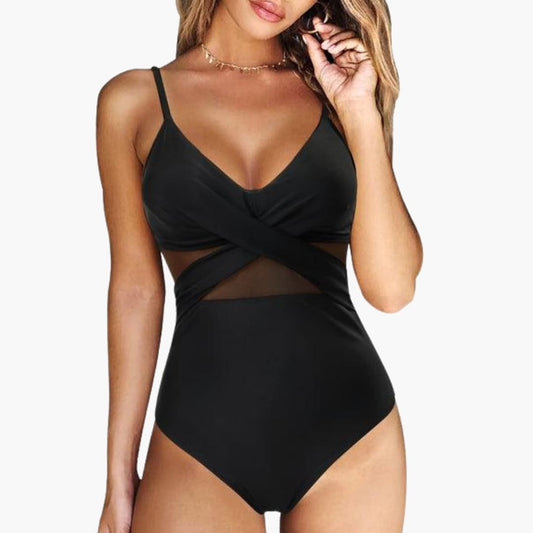 Women's One-Piece Swimsuit Mesh Insert Adjustable Strap Low Back - VibreMode