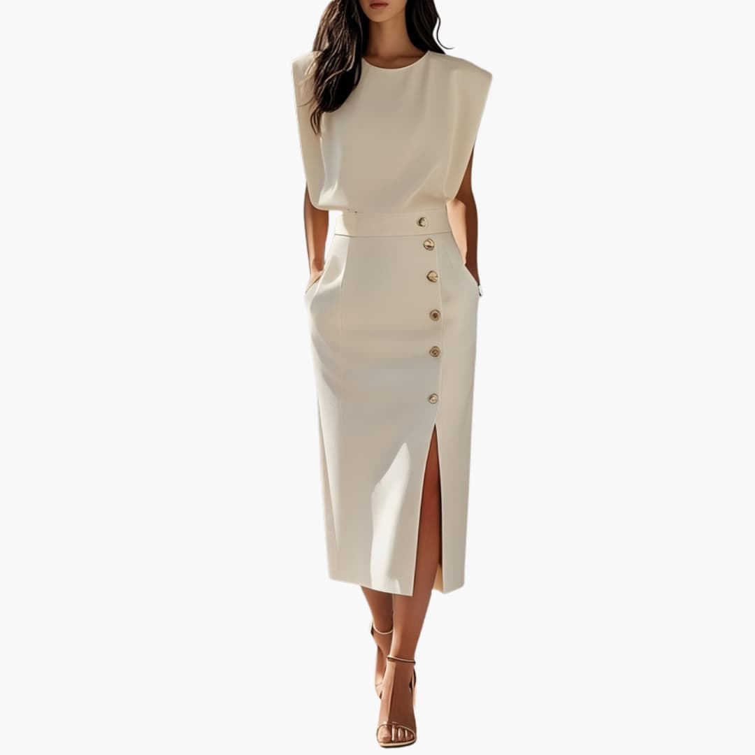 Women's Short Sleeve Midi Dress Round Neck Button Slit - VibreMode