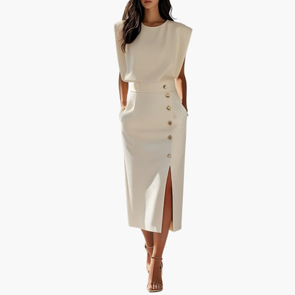 Women's Short Sleeve Midi Dress Round Neck Button Slit - VibreMode